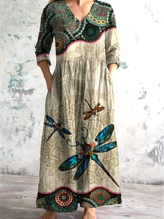 Women Floral V Neck Long Sleeve Comfy Casual Maxi Dress