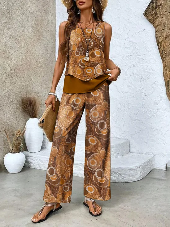 Women Floral Crew Neck Sleeveless Comfy Casual Two-Piece Set