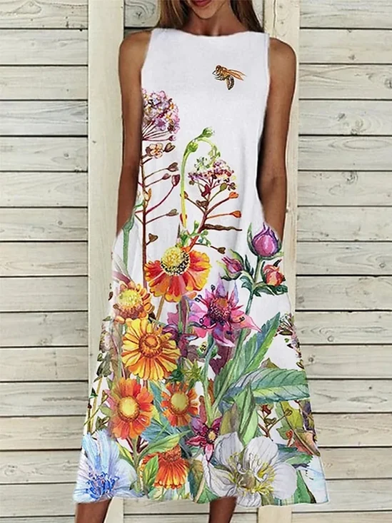 Women Floral Crew Neck Sleeveless Comfy Casual Maxi Dress