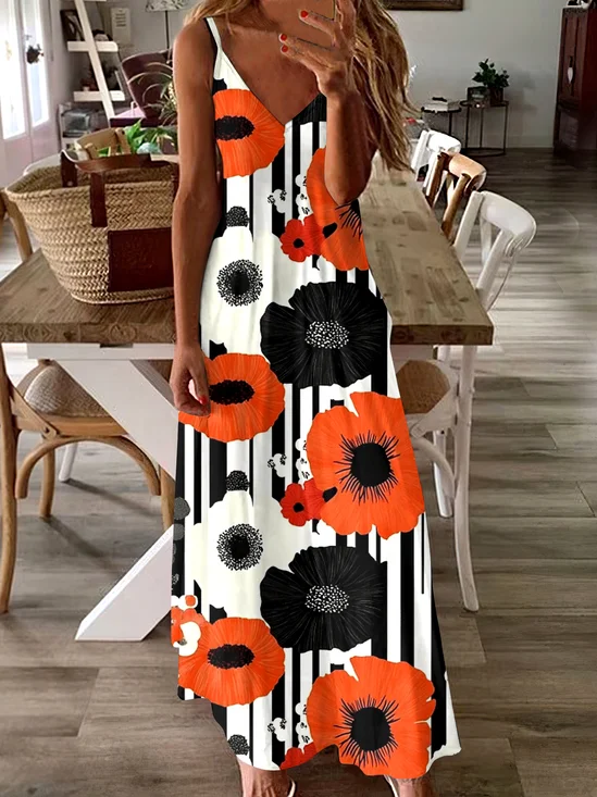 Women Geometric Spaghetti Sleeveless Comfy Casual Maxi Dress