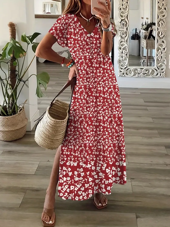 Women Sundress Floral V Neck Short Sleeve Comfy Casual Maxi Dress