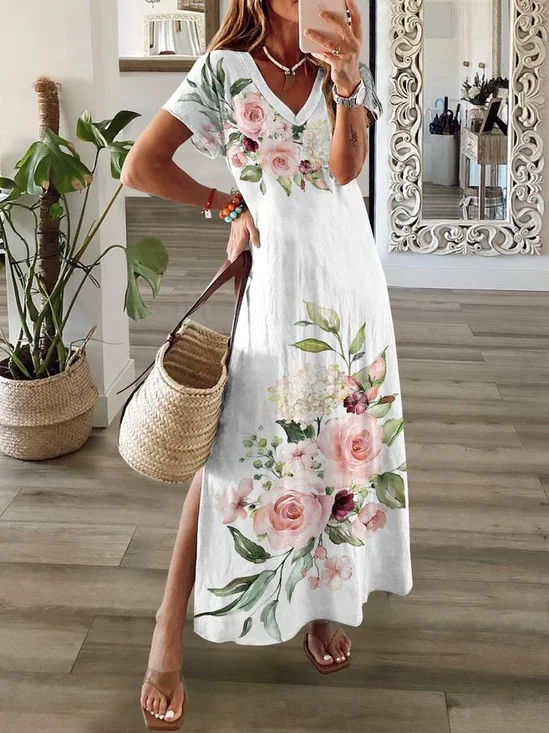 Women Sundress Floral V Neck Short Sleeve Comfy Casual Printing Maxi Dress