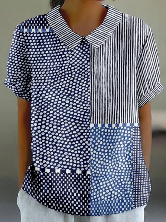 Vintage Striped Shawl Collar Short Sleeve T-shirt