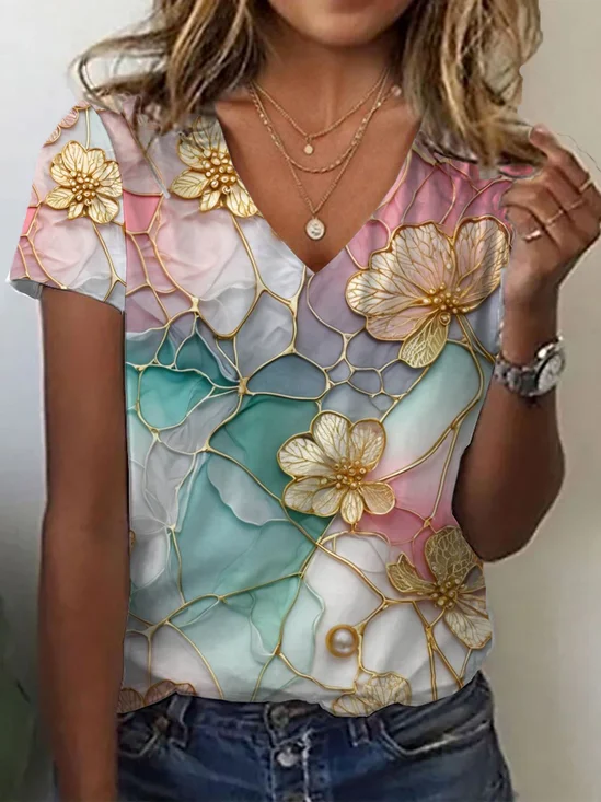 Casual Floral V Neck Short Sleeve T-shirt
