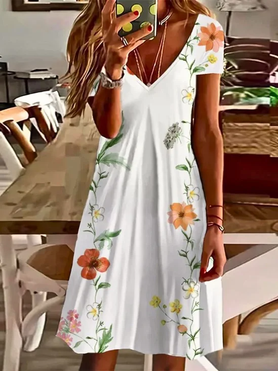 Vacation Sundress Floral V Neck Short Sleeve Comfy Casual Midi Dress