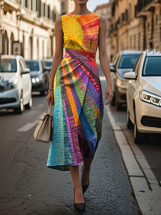 Women Hippie Crew Neck Sleeveless Comfy Vintage Printing Maxi Dress