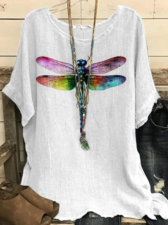 Vintage Dragonfly Print Crew Neck Three Quarter Sleeve Loose T-shirt