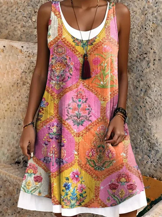 Women Vacation Ethnic Print Crew Neck Sleeveless Comfy Casual Midi Dress