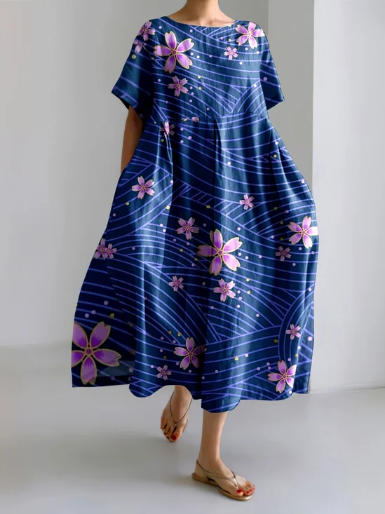 Women Floral Crew Neck Short Sleeve Comfy Casual Maxi Dress