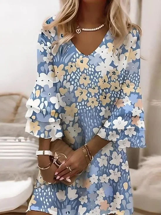 Women Floral V Neck Half Sleeve Comfy Boho Midi Dress