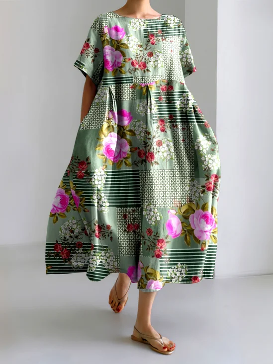 Women Floral Crew Neck Short Sleeve Comfy Casual Maxi Dress