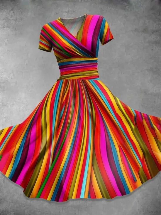 Romantic Colorful Striped V Neck Short Sleeve Comfy Vintage Maxi Dress