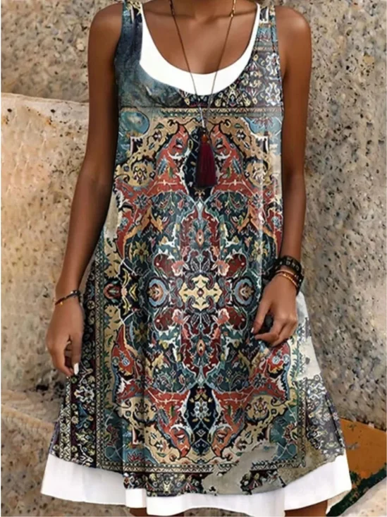 Vacation Ethnic Crew Neck Sleeveless Comfy Casual Midi Dress