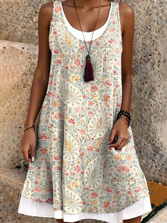 Women Vacation Floral Print Crew Neck Sleeveless Comfy Casual Midi Dress