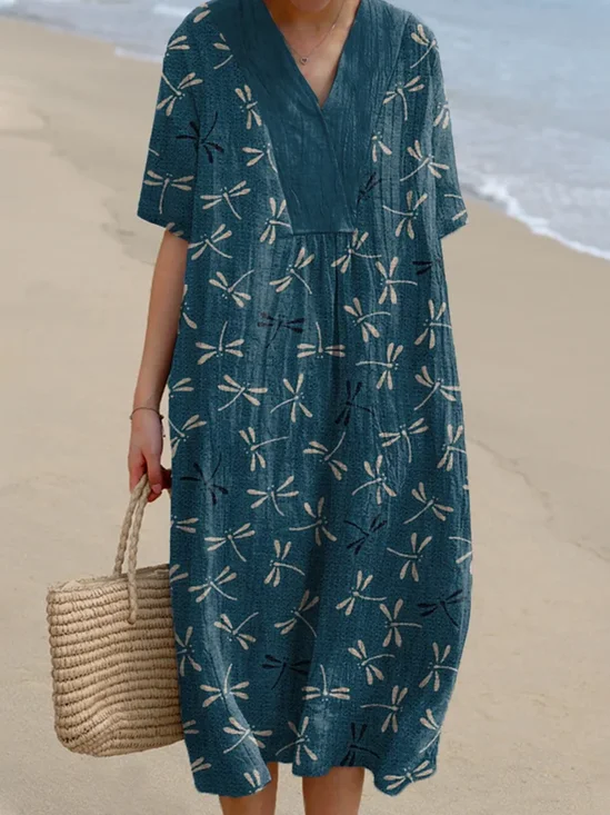 Women Dragonfly Crew Neck Short Sleeve Comfy Casual Maxi Dress