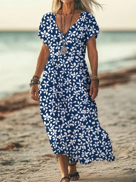 Women Floral V Neck Short Sleeve Comfy Casual Printing Maxi Dress