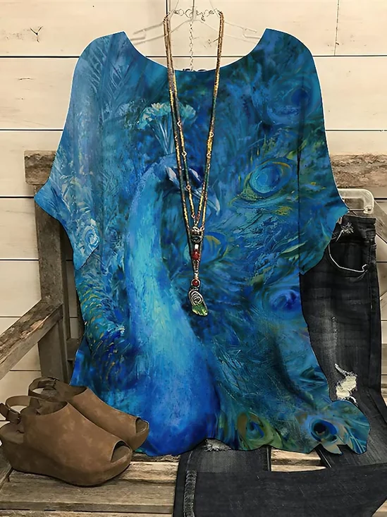 Vintage Peacock Crew Neck Three Quarter Sleeve T-shirt