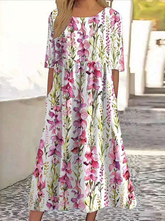 Women Floral Crew Neck Short Sleeve Comfy Casual Maxi Dress