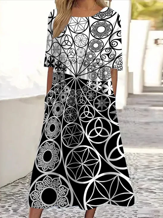 Women Geometric Crew Neck Short Sleeve Comfy Casual Maxi Dress