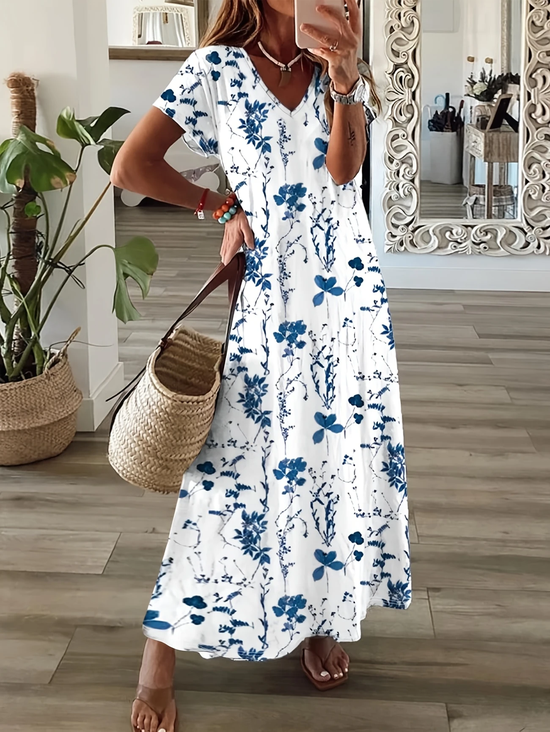 Women Floral V Neck Short Sleeve Comfy Casual Printing Maxi Dress