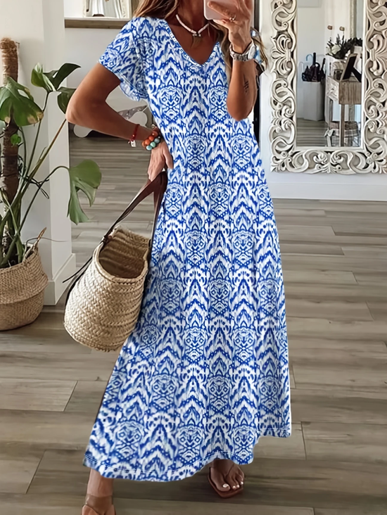 Women Geometric V Neck Short Sleeve Comfy Casual Printing Maxi Dress