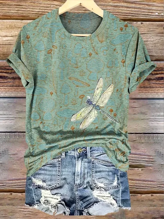 Casual Vintage Dragonfly Print Crew Neck Short Sleeve T-shirt