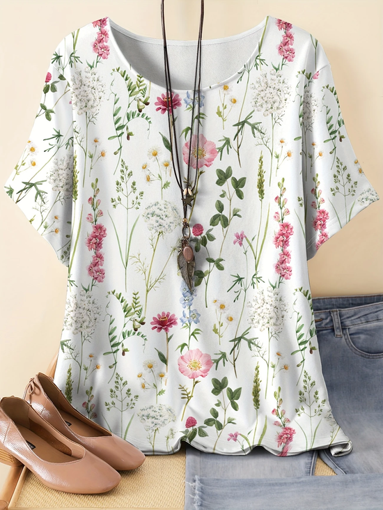 Vintage Floral Crew Neck Three Quarter Sleeve T-shirt