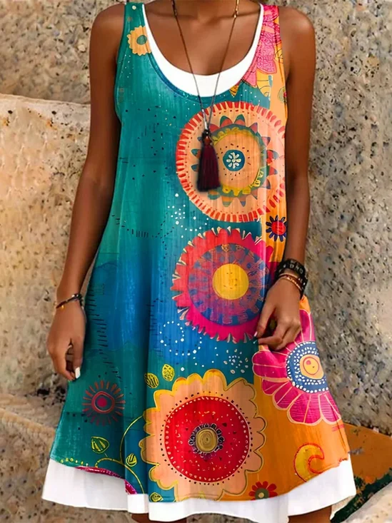 Women Boho Print Sundress Crew Neck Sleeveless Comfy Casual Midi Dress
