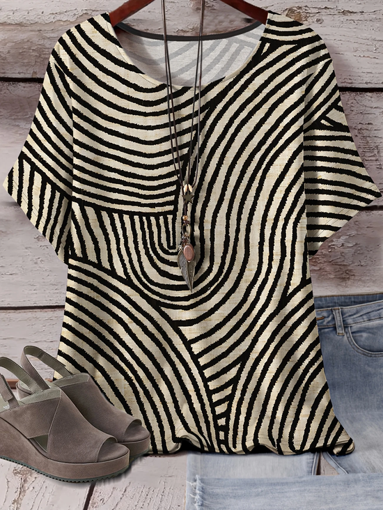 Vintage Striped Crew Neck Three Quarter Sleeve T-shirt