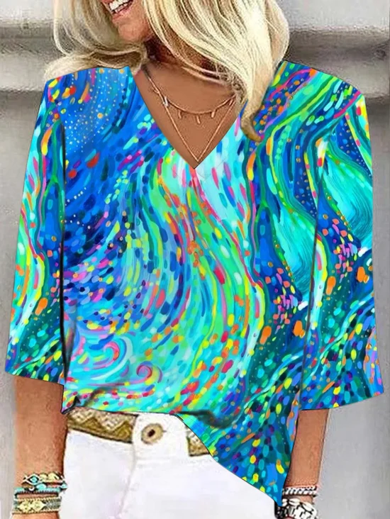 Shawl Collar Half Sleeve Abstract Graphic Regular Loose Blouse For Women