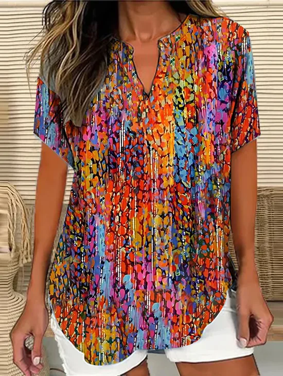 Shawl Collar Half Sleeve Geometric Regular Loose Blouse For Women