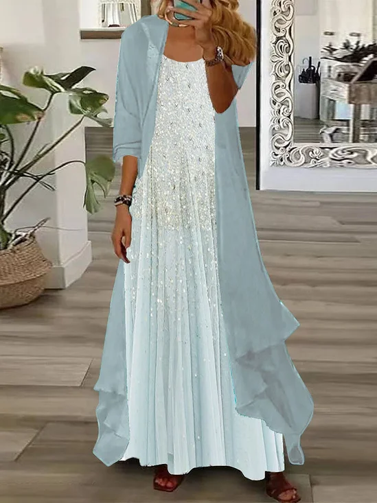 Women Polka Dots Printing Two-Piece Set Daily Three Quarter Sleeve Casual Spring/Fall Dress With Coat Matching Set