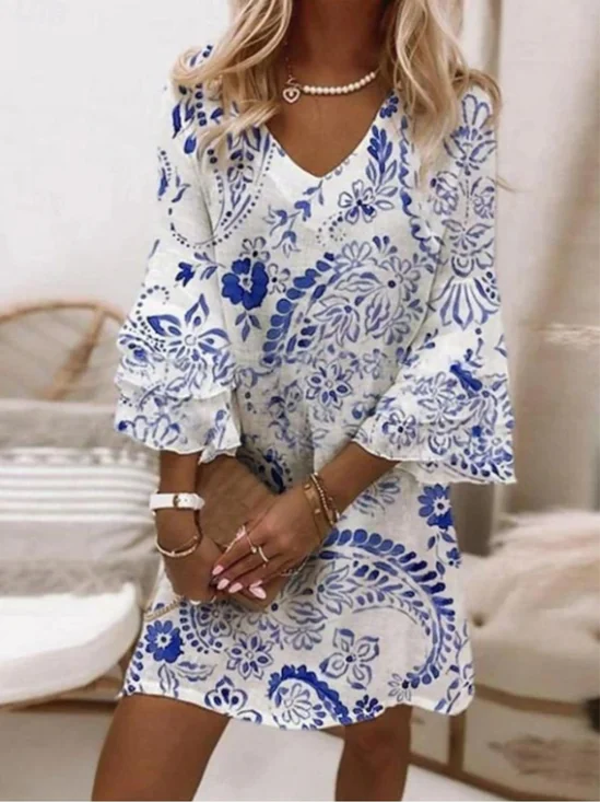 Women Boho Sundress Floral Print V Neck Half Sleeve Comfy Midi Dress