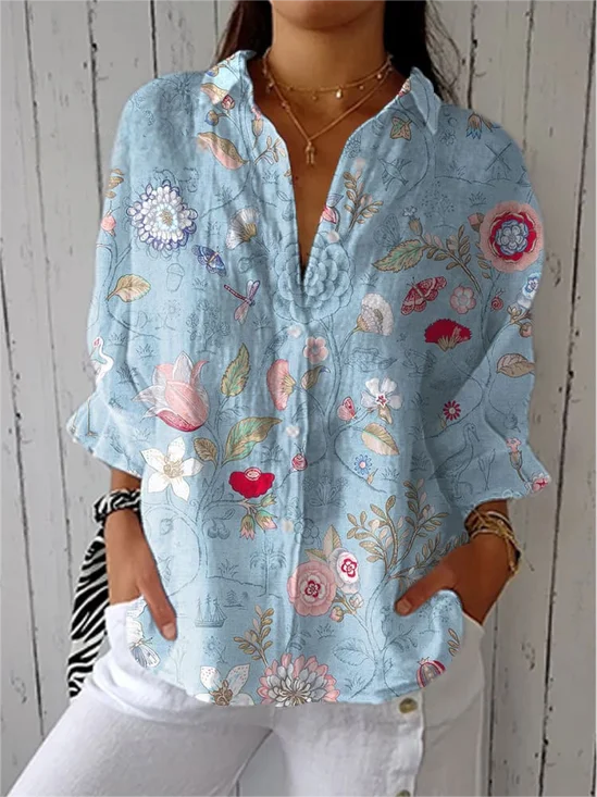 Shirt Collar Three Quarter Sleeve Floral Regular Loose Shirt For Women