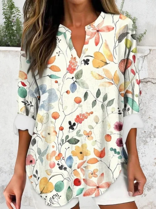 Women Elegant Basic Floral Print Long Sleeve Daily Loose Blouse For Women