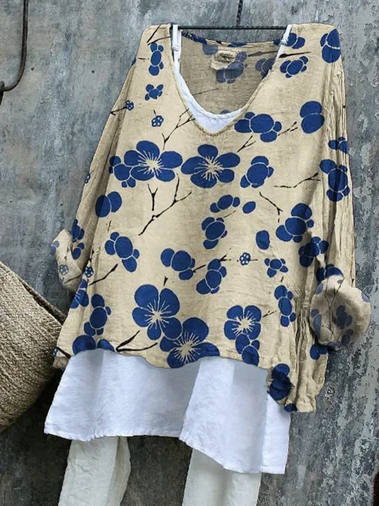 Vintage Floral V Neck Long Sleeve T-shirt