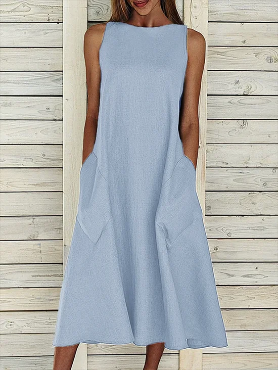 Women Plain Crew Neck Sleeveless Comfy Casual Printing Maxi Dress