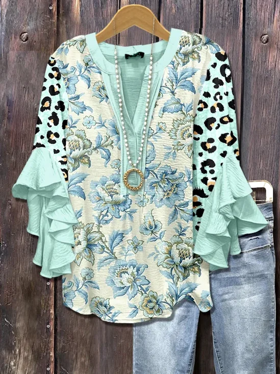 V Neck Long Sleeve Floral Regular Micro-Elasticity Loose Shirt For Women