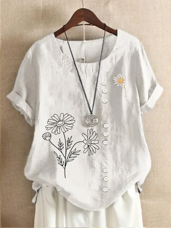 Casual Cotton Floral Daisy Print Summer Blouse For Women
