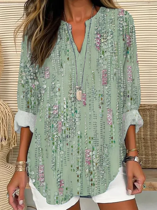 V Neck Long Sleeve Striped Printing Regular Loose Blouse For Women