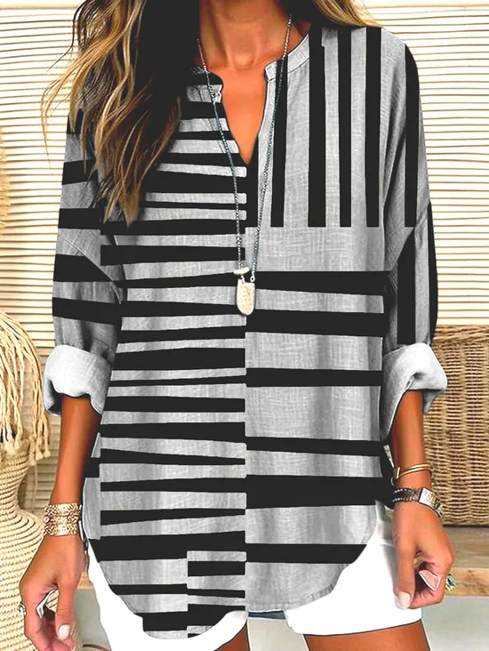 V Neck Long Sleeve Geometric Regular Micro-Elasticity Regular Fit Shirt For Women