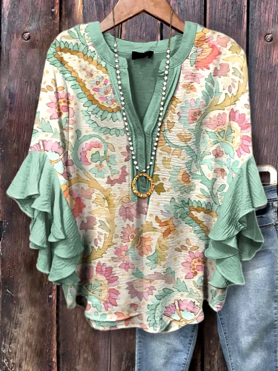 V Neck Long Sleeve Floral Regular Micro-Elasticity Regular Fit Shirt For Women