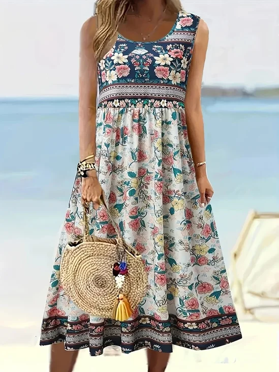 Women Floral Crew Neck Sleeveless Comfy Casual Maxi Dress