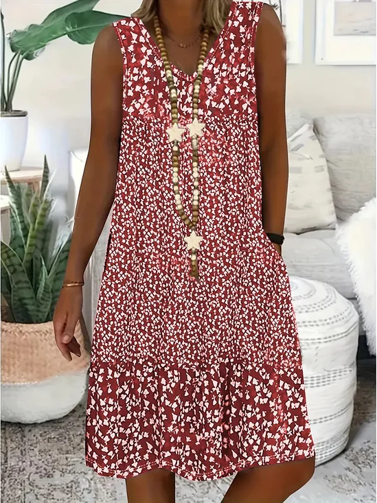 Women Floral V Neck Sleeveless Comfy Casual Midi Dress