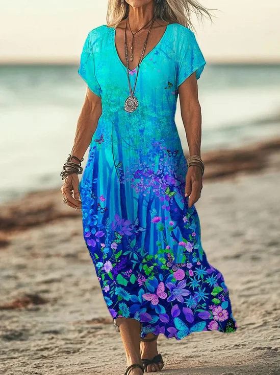 Women Floral V Neck Short Sleeve Comfy Casual Printing Maxi Dress