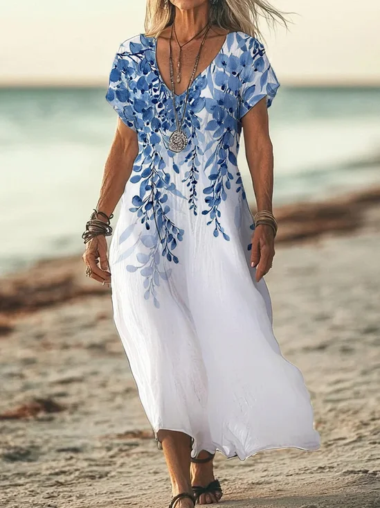 Women Floral V Neck Short Sleeve Comfy Casual Printing Maxi Dress