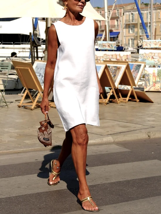 Women Plain Crew Neck Sleeveless Comfy Casual Midi Dress