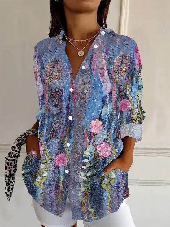 Shirt Collar Long Sleeve Floral Buckle Regular Loose Button Up Shirt Shirt For Women