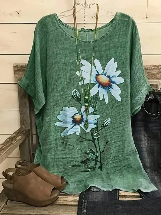 Vintage Floral Crew Neck Three Quarter Sleeve T-shirt