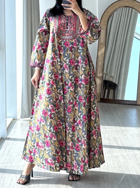 Women Floral Crew Neck Long Sleeve Comfy Casual Maxi Dress